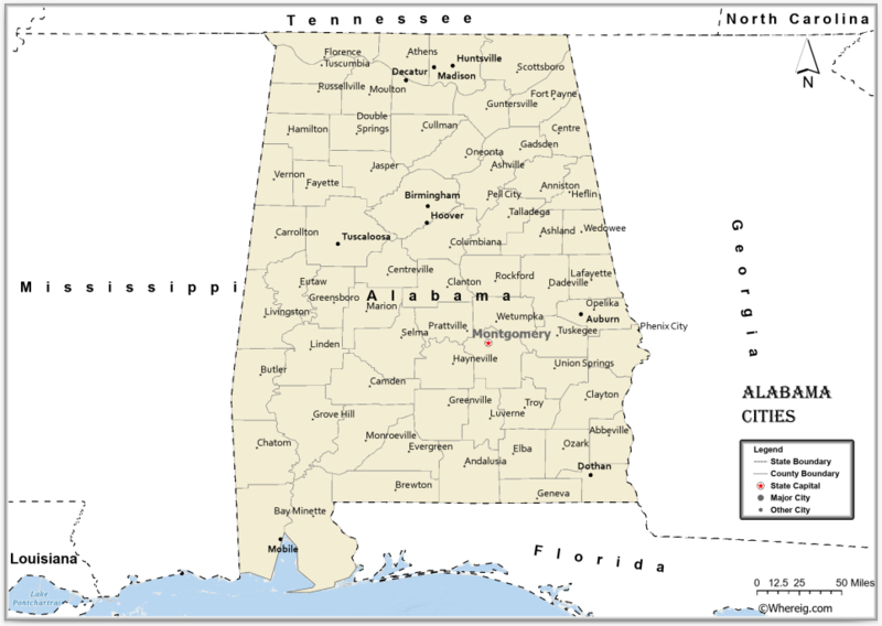 Map of the state of Alabama