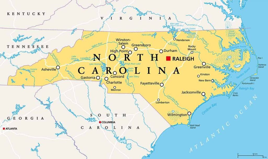 The state of North Carolina on a map