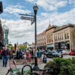 A town in North Dakota with people on the street