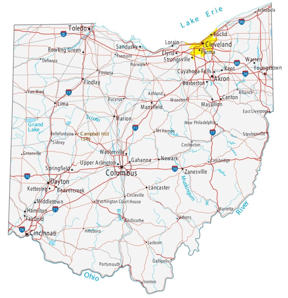 Map of the state of Ohio with cities on them