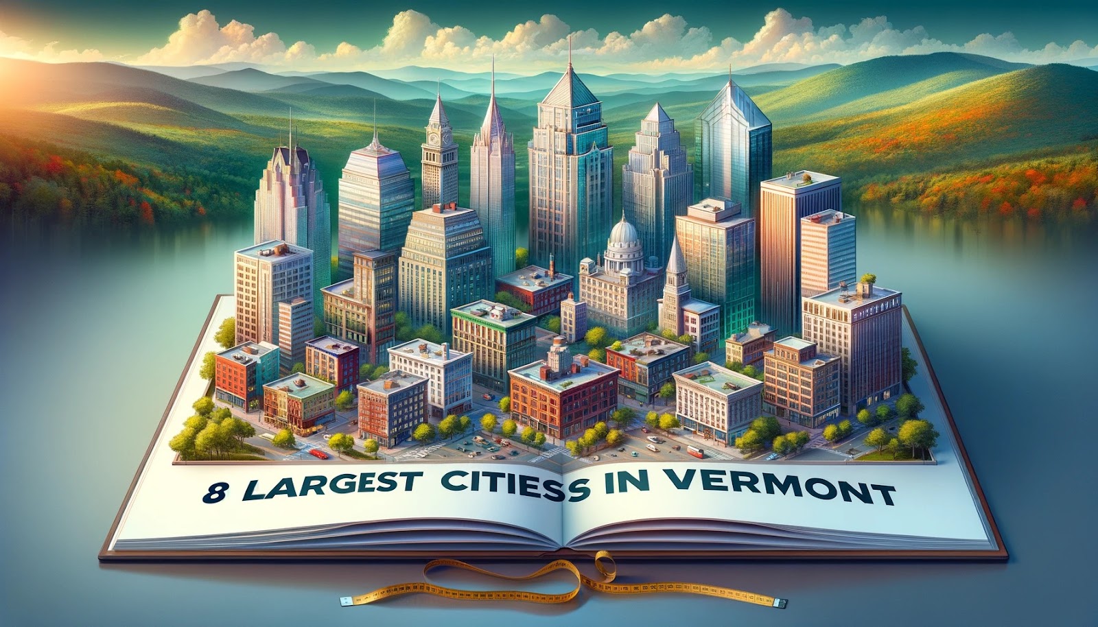 Open book with a city and the inscription "8 Largest Cities in Vermont"