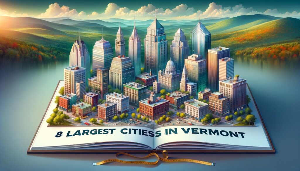 Open book with a city and the inscription "8 Largest Cities in Vermont"